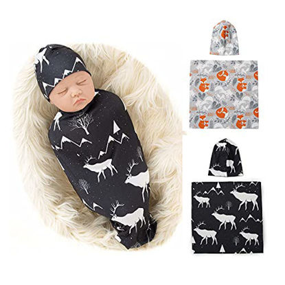 Picture of Galabloomer Newborn Swaddle Blanket with Beanie Set Baby Boy Receiving Blanket (Deer& White Fox)