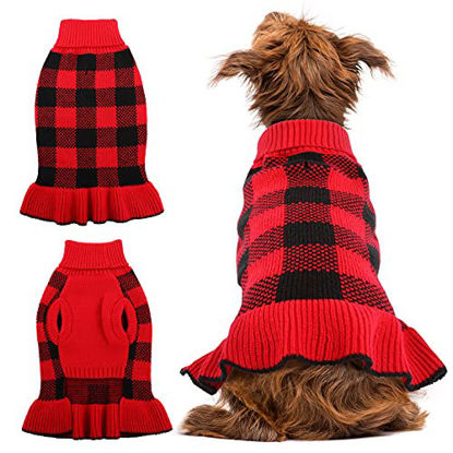 Picture of Pet Dog Sweaters Dress for Small Medium Dogs,Dog Knitwear Warm Turtleneck Pullover Puppy SweaterCute Pet Plaid Vest Dress with Leash Hole, Cozy Pet Fall Winter Clothes Christmas Apparel (Medium, Red)