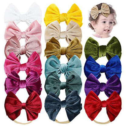 Picture of Cinaci 16 Pack Super Stretchy Thin Slim Nylon Headbands with Big Velvet Solid Knot Bow Hair Bands Accessories for Baby Girls Newborns Infants Toddlers Kids