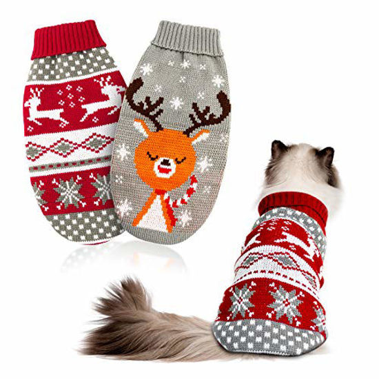 Picture of HYLYUN Cat Christmas Sweater 2 Packs - Puppy Christmas Sweater Pet Reindeer Snowflake Sweaters for Kittys and Small Dogs M