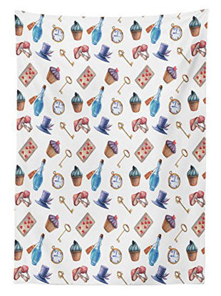 Picture of Ambesonne Alice in Wonderland Tablecloth, Cupcakes Mushrooms and Bottles Hanging in Sky Dessert Print, Dining Room Kitchen Rectangular Table Cover, 52" X 70", Blue Red