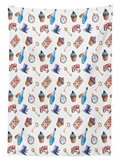 Picture of Ambesonne Alice in Wonderland Tablecloth, Cupcakes Mushrooms and Bottles Hanging in Sky Dessert Print, Dining Room Kitchen Rectangular Table Cover, 52" X 70", Blue Red