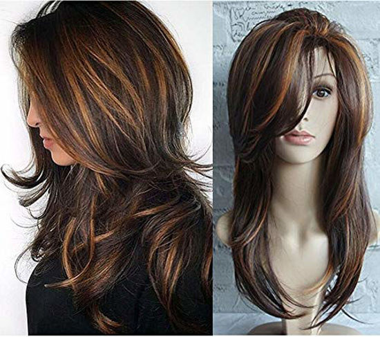 Picture of AneShe Women's Long Layered Hair Wigs Brown Mixed Hair with Highlights Synthetic Natural Wavy Wigs (Brown with Highlights)