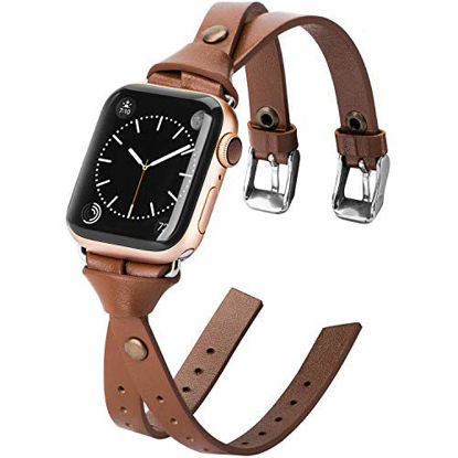 Picture of Minyee Leather Bands Compatible with Apple Watch 38mm for iWatch 7 Womens Double Knotted Fasten 40mm Wristband Stylish Strap Unique Rivet Bracelet Series 6 SE 5 4 3 2 1 (38mm/40mm/41mm, Brown)