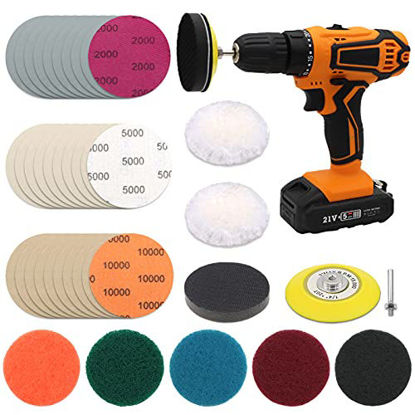 Picture of 3 Inch Car Headlight Restoration Kit, Car Polishing Sanding Discs Assortment 2000 to 10000 Grit with 1/4 Inch Shank Backing Pad, Scouring Pads, Soft Interface Pad, Woolen Buffer Pads, 39PCS