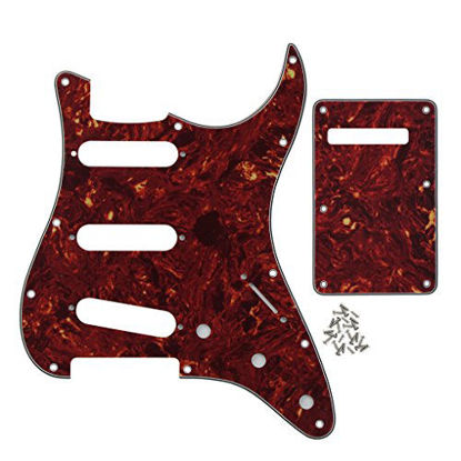 Picture of IKN SSS 11 Hole Strat Guitar Pickguard Tremolo Cavity Cover Backplate with Screws for Fender USA/Mexican Standard StratGuitar Part, 4Ply Red Tortoise Shell