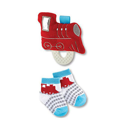 Picture of Stephan Baby Transportation Collection Soft Plush Crinkle Rattle Teething Toy and Bootie Socks Gift Set, Red Train, 3-12 Months