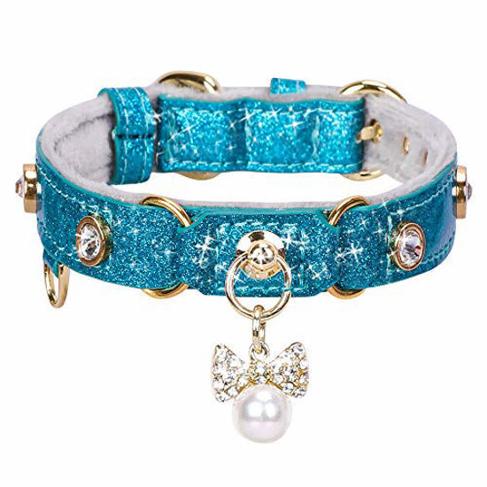 Picture of PetsHome Cat Collar, Dog Collar, [Bling Rhinestones] PU Leather Adjustable Pet Collar with Luxury Pendant for Big Cat and Small to Medium Dog Small Blue