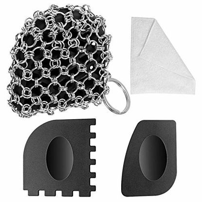 Picture of Herda Cast Iron Scrubber and Scrapers Kit, 4Pieces Cast Iron Cleaning Care Kit 316 Chain Mail Scrubber for Iron Pan, Cast Iron Cleaner Skillet Accessories Scraper Tool for Iron Steel Cookware, Wok