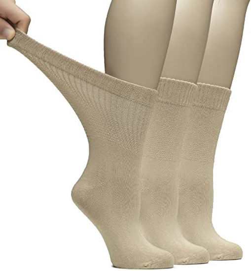 Picture of Hugh Ugoli Women's Bamboo Loose Fit Diabetic Crew Socks, Soft, Seamless Toe, Wide Stretchy, Non-Binding Top, 3 Pairs, Medium Beige, Shoe Size: 10-12