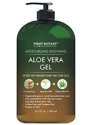 Picture of Versatile Organic Aloe vera gel - from 100% Pure Aloe Infused with Stem Cells, Manuka Honey, Organic Tea Tree Oil - Natural Raw Moisturizer for Face, Body, Hair. Perfect for DIY Hand Sanitizer, Sunburn, Acne, Razor Bumps & Eczema - Huge 16.9 fl oz