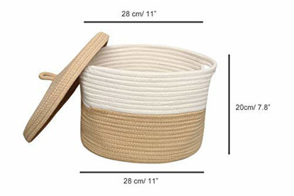 Picture of S Size Camel Cotton Rope Basket with Lid Mini Woven Basket Cute Toy Storage Basket Towel Storage Little Organizer Woven Basket Living Room Basket for Pet Toys, (White &Camel Mix)