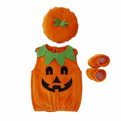 Picture of Toddler Baby Boy Girl Halloween Outfit Pumpkin Bodysuit Halloween Costumes Romper Tops Hat Footies (A-Orange, 6-12 Months)