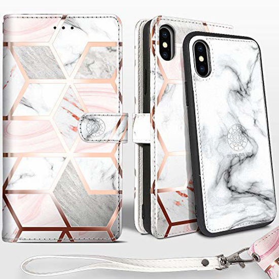 Picture of Shields Up iPhone Xs Case/iPhone X Case, [Detachable] Magnetic Wallet Case, [Wireless Charging Support], Durable with Card Slots & Wrist Strap, [Vegan Leather] Cover for Apple iPhone Xs/X -Marble