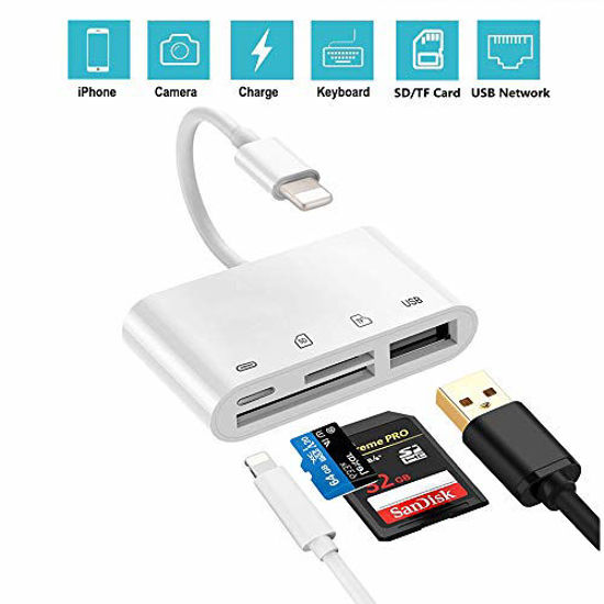 Picture of 4-in-1 SD/TF Card Reader, USB 2.0 Female OTG Adapter Cable Compatible for iPhone iPad iPod, Trail Game Camera SD Card Reader No App Required, Plug and Play (White)