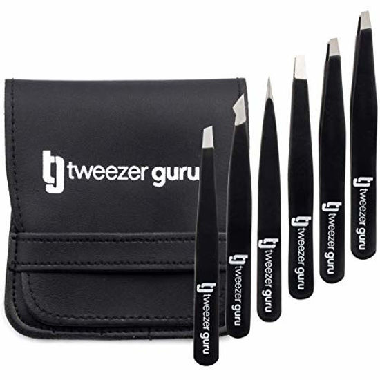 Picture of Tweezers Set 6-Piece - Tweezer Guru Stainless Steel Slant Tip and Pointed Eyebrow Tweezer Set - Great Precision for Facial Hair, Ingrown Hair, Splinter and Blackhead Remover (Black) (6-Pack)