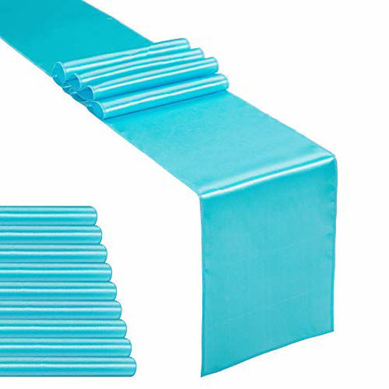 Picture of Hahuho 10-Pack Satin Table Runner Turquoise 12 x 108 inches Long, Table Runners for Wedding, Birthday Parties, Banquets Decorations10 Pack, 12x108 Inch, Turquoise