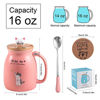 Picture of Cute Cat Cup Ceramic Coffee Mug with Kawaii Cat Wooden Lid, Lovely Stainless Steel Spoon, Anime Kitty Thicken Wooden Coaster, Christmas Birthday Gift Cute Thing Japanese Mug 480ML(Pink)