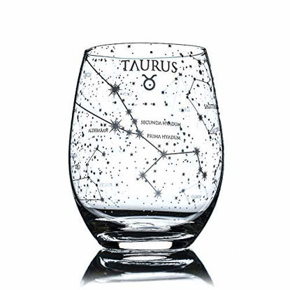 Picture of Greenline Goods Taurus Stemless Wine Glass Etched Zodiac Taurus Gift 15 oz (Single Glass) - Astrology Sign Constellation Tumbler