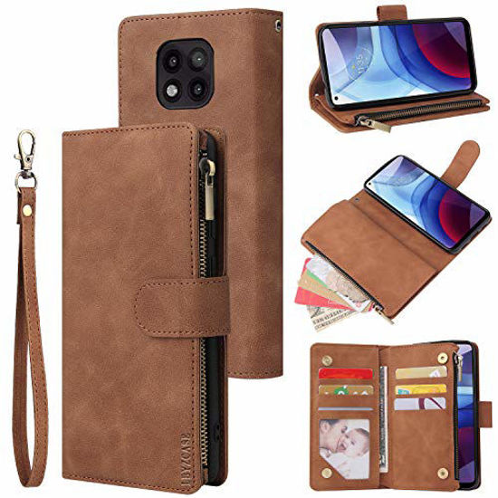 Picture of LBYZCASE Phone Case for Moto G Power 2021,Motorola G Power 2021 Wallet Case,Folio Flip Leather Cover[Zipper Pocket][Wrist Strap][Kickstand ] for Motorola Moto G Power 2021 (Brown)