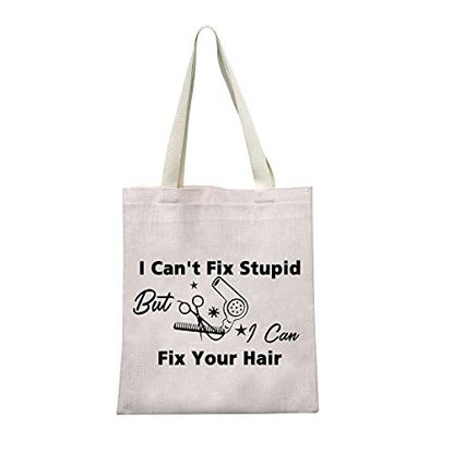 Picture of TSOTMO Hairdresser Gift Hair Stylist Canvas Tote Bag I Can't Fix Stupid But I Can Fix Your Hair Canvas Tote Bag Makeup Travel Case Inspirational Hairstyliest Gift (Hair canvas)