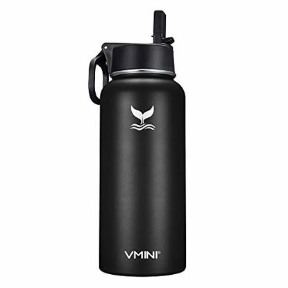 Picture of Vmini Water Bottle - Wide Mouth Stainless Steel & Vacuum Insulated Bottle, New Straw Lid with Wide Handle, Black & 32 oz