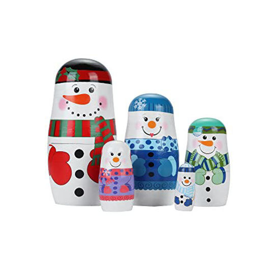 Picture of Yoption 5Pcs Russian Matryoshka Dolls Handmade Wooden Snowman Nesting Dolls Set for Kids Christmas Birthday Toy Gift (Snowman)