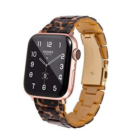 Picture of HOPO Compatible With Apple Watch Band 38mm 40mm 42mm 44mm Thin Light Resin Strap Bracelet With Stainless Steel Buckle Replacement For iWatch Series 6 5 4 3 2 1 SE (Leopard Print/Gold, 38/40mm)