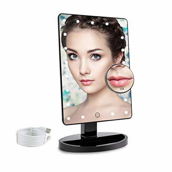 Picture of COSMIRROR Lighted Makeup Vanity Mirror with 10X Magnifying Mirror, 21 LED Lighted Mirror with Touch Sensor Dimming, 180°Adjustable Rotation, Dual Power Supply, Portable Cosmetic Mirror (Black)