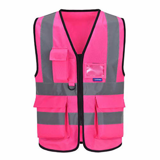 Picture of 7 Pockets Hi Viz Zipper Front Working Safety Vest with Reflective Strips, Multiple Colors Available, Pink