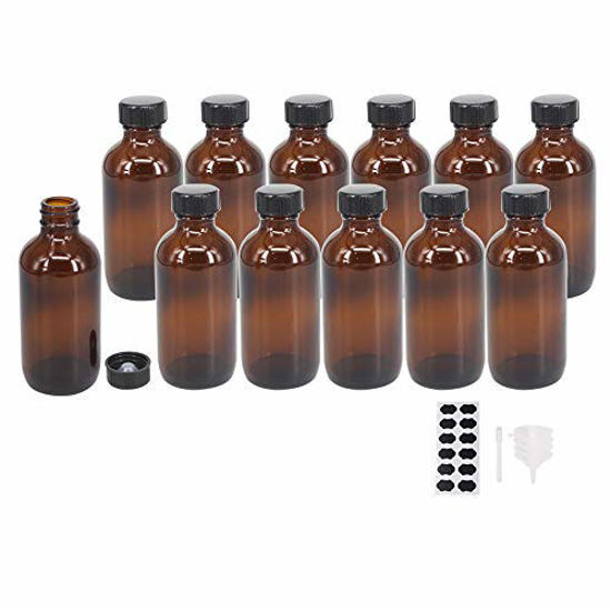 Picture of BPFY 12 Pack 4 oz Amber Boston Glass Bottle with Black Poly Cap, Funnel, Chalk Labels, Pen for Homemade Vanilla Extract, Essential Oils, Herbal Medicine, Wedding, Christmas, Holiday Gift (Amber)