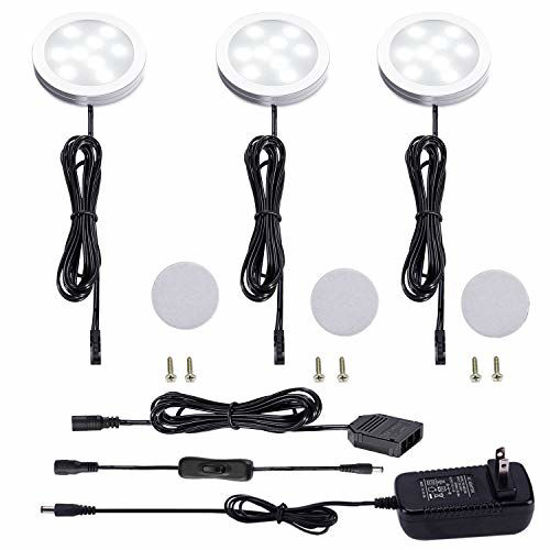 Picture of AIBOO 12V LED Under Cabinet Lighting Kit 3 Packs Slim Aluminum Puck Lights with 2-Way Switch All Accessories Included for Counter Closet Lighting 6W (Daylight White)