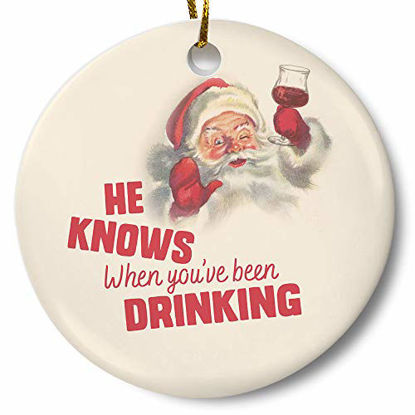 Picture of Santa Funny Christmas Ornament, White Elephant Gift, He Knows When You've Been Drinking 3" Flat Ceramic Ornament with Gift Box