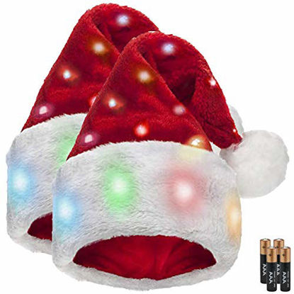 Picture of Funny Light Up Santa Hats for Kids [2 Pack] with 20 Blinking Color-changing Light up LED Lights - Soft Plush Faux Fur Funny Christmas Hats for Kids and Adults (2 Hats)