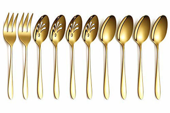 Picture of Gold 10-Piece Serving Flatware Silverware Set,Stainless Steel Serving Utensil Set,Include Slotted Serving Spoon, Serving Spoon, Serving Fork