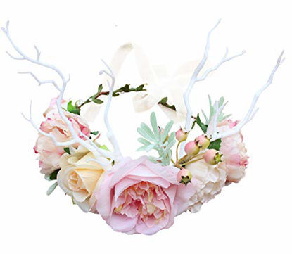 Picture of Deer Flower Crown Boho Flower Headband Hair Wreath Floral Headpiece Halo with Ribbon Wedding Party Festival Photos Pink by Vivivalue