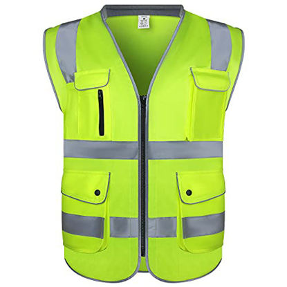 Picture of amoolo Safety Vest with 9 Pockets, Zipper and Padded Neck, High Visibility Reflective Vest, ANSI/ISEA Type R Class 2 , Yellow, 3XL