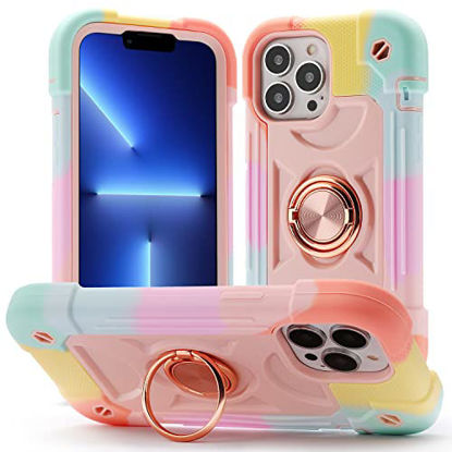 Picture of MARKILL Compatible with iPhone 13 Pro Max Case 6.7 Inch with Ring Stand, Heavy-Duty Military Grade Shockproof Phone Cover with Magnetic Car Mount for iPhone 13 Pro Max. (Rainbow Pink)