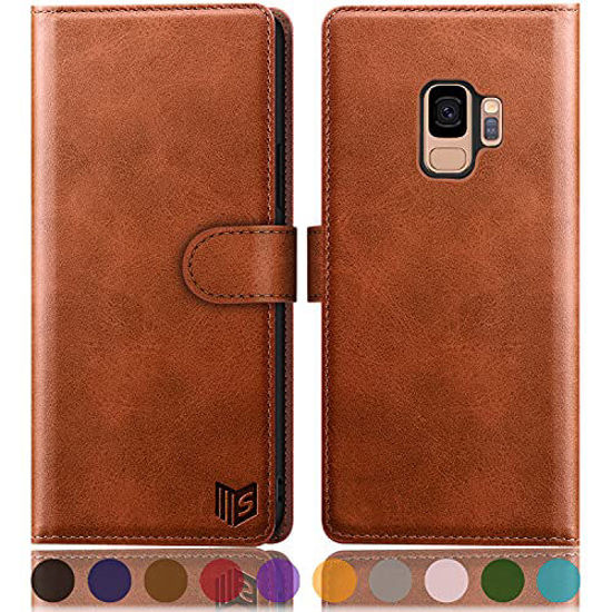 Picture of SUANPOT for Samsung Galaxy S9 5.8"(Non S9+) with RFID Blocking Leather Wallet case Credit Card Holder,Flip Folio Book Phone case Shockproof Cover Women Men for Samsung S9 case Wallet Light Brown