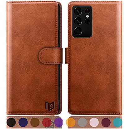 Picture of SUANPOT for Samsung Galaxy S21 Ultra 6.9" with RFID Blocking Leather Wallet case Credit Card Holder,Flip Folio Book Phone case Shockproof Cover Women Men for Samsung S21 Ultra case Wallet Light Brown