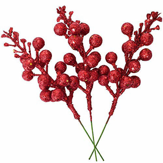 Picture of Artiflr 14 Pack Christmas Glitter Berries Stems, 7.8Inch Artificial Christmas Picks for Christmas Tree Ornaments, DIY Xmas Wreath, Crafts, Holiday and Home Decor, Red