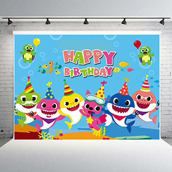 Picture of Baby Shark Birthday Decorations Cute Shark Backdrop for Baby Shower Party Banner 7x5ft Vinyl Photo Background Studio Props