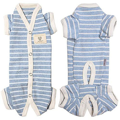 Picture of TONY HOBY Female/Male Pet Dog Pajamas Stripes 4 Legged Dog pjs Jumpsuit Soft Cotton Dog Clothes(L, Blue+White-Boys)