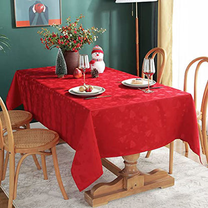 Picture of Christmas Tablecloth Rectangle, Jacquard Table Cloth Spillproof and Wrinkle Resistant with Christmas Tree Patterns for Dining Room & Holiday Decoration (Red, Rectangle/Oblong, 52" x 70" (4-6 Seats))