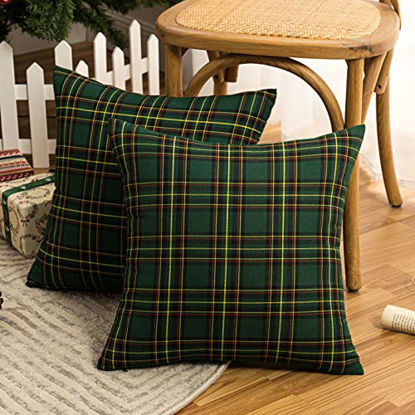 Picture of AQOTHES 2 Pack Christmas Plaid Decorative Throw Pillow Covers Scottish Tartan Cushion Case for Farmhouse Home Holiday Decor Green, 20 x 20 Inches