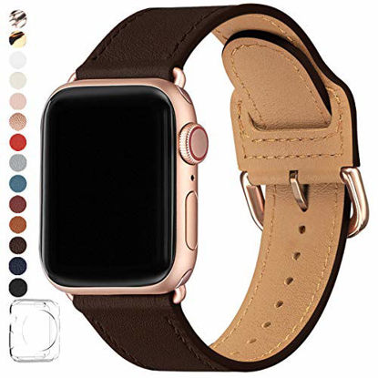 Picture of POWER PRIMACY Bands Compatible with Apple Watch Band 38mm 40mm 42mm 44mm, Top Grain Leather Smart Watch Strap Compatible for Men Women iWatch Series 6 5 4 3 2 1,SE (Coffee/Rosegold, 42mm 44mm)