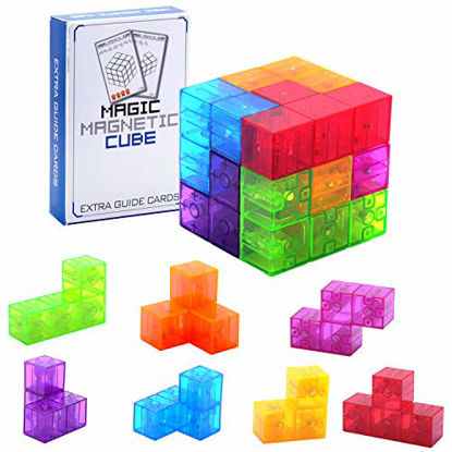 Picture of WorWoder Kids Magnetic Building Blocks Magic Magnetic 3D Puzzle Cubes, Set of 7 Multi Shapes Magnetic Blocks with 54 Guide Cards, Intelligence Developing and Stress Relief Fidget Toys for Kids Adults