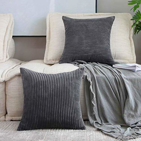 Picture of Home Brilliant Set of 2 Throw Pillow Covers Soft Velvet Corduroy Striped Square Cushion Cover for Couch, 20 x 20 inch(50cm), Dark Grey