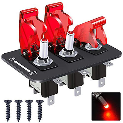 Picture of Twidec/3 Gang Rocker Toggle Switch Panel With 12V LED Light Toggle Switch 20A Heavy Duty Racing Car SPST 3Pin ON/OFF Red LED Illuminated Switch Plate And Red Waterproof Safety Cover ASW-07DRRMZ-BZ