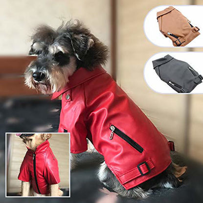 Picture of Lovelonglong Cool Dog Leather Jacket, Warm Coats Dogs Windproof Cold Weather Coats for Large Medium Small Dogs, Miniature Schnauzers Clothing Red L